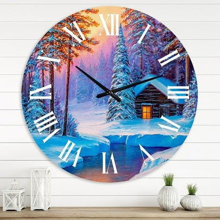 Designart 'Old Cabin In Winter Forest I' Traditional Wall Clock