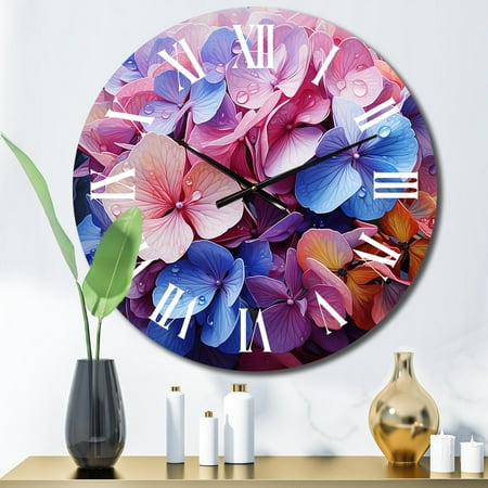 Designart Pink Blue Hydrangea Blooming Euphony Floral Oversized Wall Clock