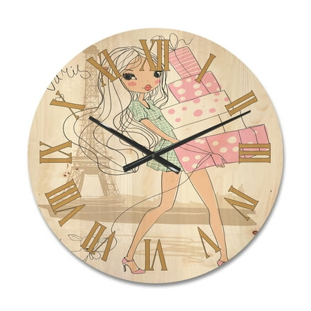 Designart 'Young Woman With Shopping Boxes In Paris' Shabby Chic Wood Wall Clock