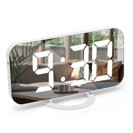 Digital Alarm Clock, Digital Clock Large Display Number, LED Electric Alarm Clocks Mirror Surface for Makeup with Diming Mode, 3 Levels Brightness, Dual USB Ports Modern Decoration for Bedroom, White