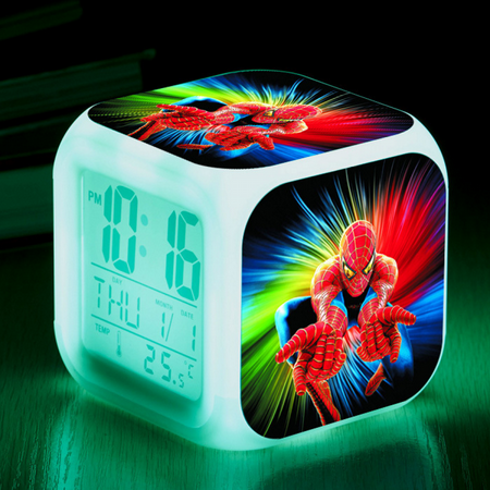 Digital Alarm Clock for Kids, Cartoon Spider-Man Pattern 7 LED Color Changing Wake Up Clock with Thermometer Function and Night Light, Gift for Boys Girls A93-2215