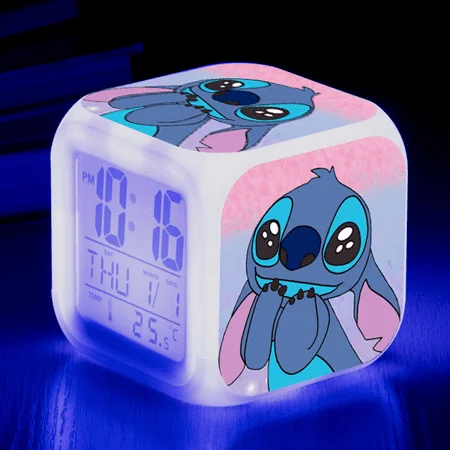 Digital Alarm Clock for Kids, Cartoon Stitch Pattern 7 LED Color Changing Wake Up Clock with Thermometer Function and Night Light, Gift for Boys Girls A93-1822