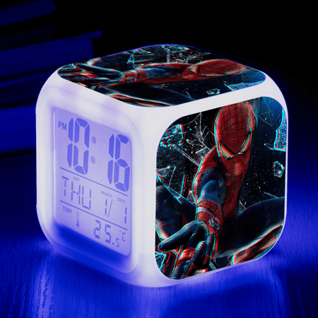 Digital Alarm Clock for Kids, Spider-Man Pattern 7 LED Color Changing Wake Up Clock with Thermometer Function and Night Light, Gift for Boys Girls A93-119