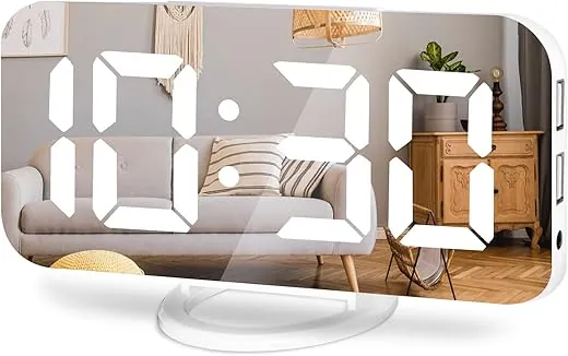 Digital Alarm Clock, Large LED Mirror Display, 2 USB Charging Ports，Auto Dim Mode，Modern Design Clock for Bedroom Office, White