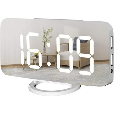 Digital Alarm Clock Mirrored LED Display,USB Charger, Snooze Function Dim Mode Beside Desk Clock for Bedroom White