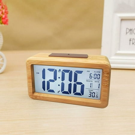 Digital Alarm Clock Radio Alarm Clock Table Clock Waterproof Solid Wood Alarm Clock with Thermometer, Calendar and Snooze Function Bamboo