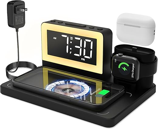 Digital Alarm Clock with Wireless Charging Dock Staion for Magsafe with 7 Color Light for iPhone for Apple for iWatch for Airpods, 5 in 1 Cell Phone Watch Bedside Charging Station for Multiple Devices