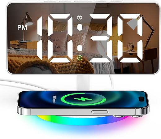 Digital Alarm Clock with Wireless Charging, Mirror LED Clock for Bedroom Decor with 5 Brightness+OFF, Progressive Volume, USB Charger, Dimmable Night Light Alarm Clock for Home, Bedroom Office Decor