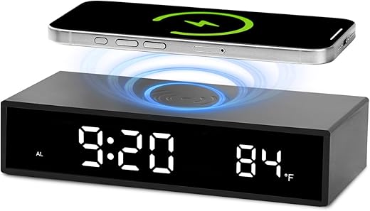 Digital Alarm Clock with with Wireless Charging, 15W Fast Wireless Charger for Smart Phone, Night Time Mode, Adjustable Brightness, Snooze, 12/24H, LED Clock for Bedroom, Living Room, Office (Black)