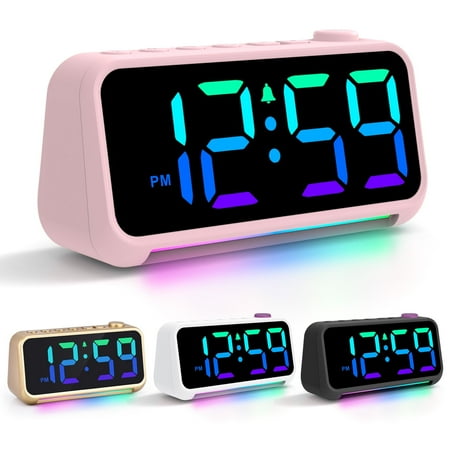 Digital Alarm Clock w/Night Light,12/24Hr Dimmer Child Digital Alarm Clocks for Kids Bedside Clock Bedrooms with Large Numbers LED Display,8 Color Different Night Light,USB Charger Port,Pink