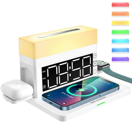 Digital LED Alarm Clock for Bedrooms • Fast Wireless Charger Station for Phone/Earphones/Smartwatch • Detachable Portable Colorful Big Night Light • USB Charging Port •12/24H •White