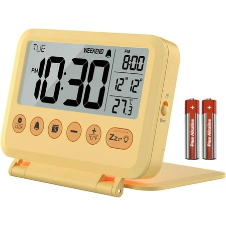 Digital Travel Alarm Clock - 3.54 inch LCD Display, 9-Minute Snooze, 2 Volume Levels, Backlight, Battery Included (Yellow)