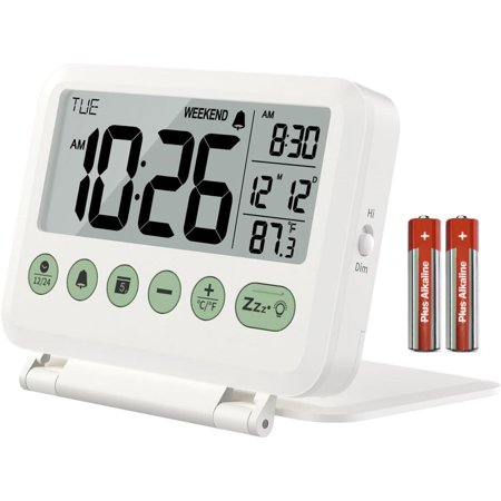 Digital Travel Alarm Clock - 3.54 inch LCD Display, 9-Minute Snooze, 2 Volume Levels, Backlight, Battery Included (White)