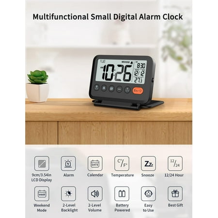 Digital Travel Alarm Clock, Black, 3.54 Inch Lcd Display, 9-Minute Snooze, 2 Volume[417]