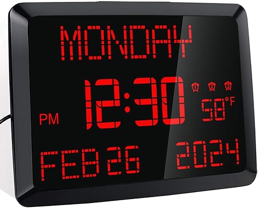 Digital Wall Clock, 11.5" Extra Large Display Calendar Alarm Day Clock with Date and of Week, Temperature,2 USB Chargers,3 Alarms, 5 Dimmer& 12/24Hr LED Desk for Office, Living Room, Bedroom, Elderly