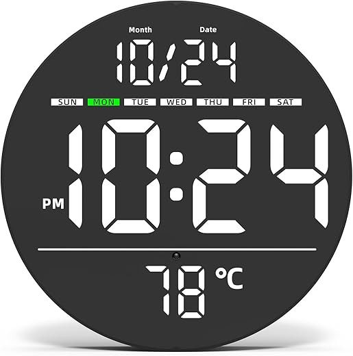 Digital Wall Clock with Large LED Display, Auto-Brightness, Temperature, Low-Reflectivity, Small Silent Non-Ticking Modern Electric Wall Clock for Bedroom, Living Room, Office, Classroom, Farmhouse