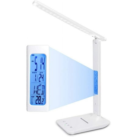 Dimmable Led Table Lamp, 3 Modes/ 5 Brightness Levels/Lcd Display/Alarm Clock/Temperature And Calendar/Phone Holder, Eye Protection Touch Led Desk Lamp (White)