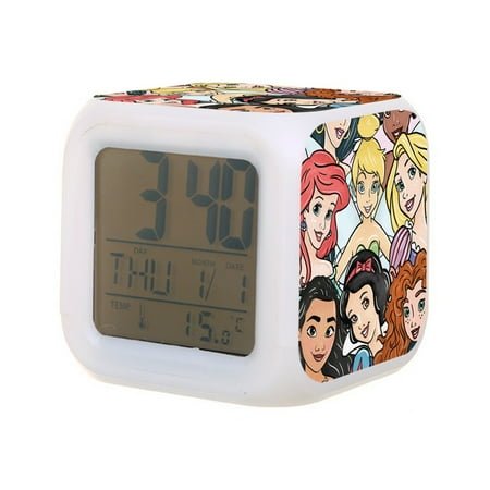 Dis-ney Princess Digital Alarm Thermometer Night Glow Cube 7 Color Clock LED Changing LCD Display Suitable for Bedroom Children