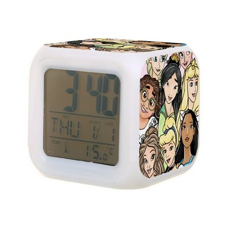 Dis-ney Princess Digital Alarm Thermometer Night Glow Cube 7 Color Clock LED Changing LCD Display Suitable for Bedroom Children