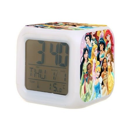 Dis-ney Princess Digital Alarm Thermometer Night Glow Cube 7 Color Clock LED Changing LCD Display Suitable for Bedroom Children