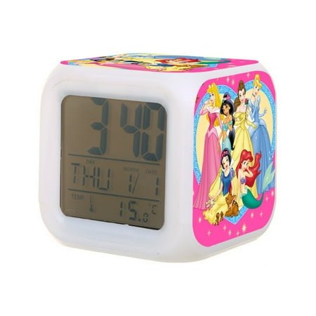 Dis-ney Princess Digital Alarm Thermometer Night Glow Cube 7 Color Clock LED Changing LCD Display Suitable for Bedroom Children