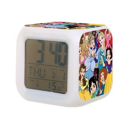 Dis-ney Princess Digital Alarm Thermometer Night Glow Cube 7 Color Clock LED Changing LCD Display Suitable for Bedroom Children