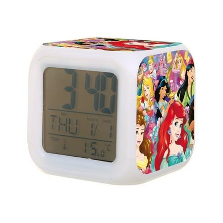 Dis-ney Princess Digital Alarm Thermometer Night Glow Cube 7 Color Clock LED Changing LCD Display Suitable for Bedroom Children