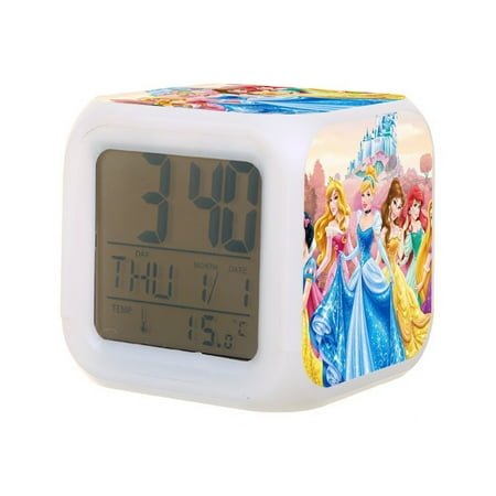 Dis-ney Princess Digital Alarm Thermometer Night Glow Cube 7 Color Clock LED Changing LCD Display Suitable for Bedroom Children