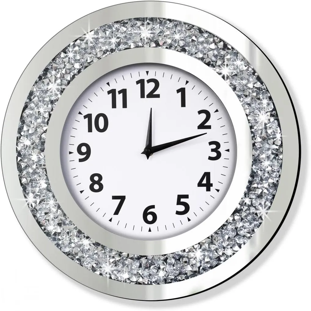 DMDFIRST Crystal Crushed Diamond Mirrored Round Wall Clock 16x16x2 inches for Wall Decoration Silver Glass Mirror Clock Sparkle Twinkle Bling Home Decor. AA Battery is not Included.