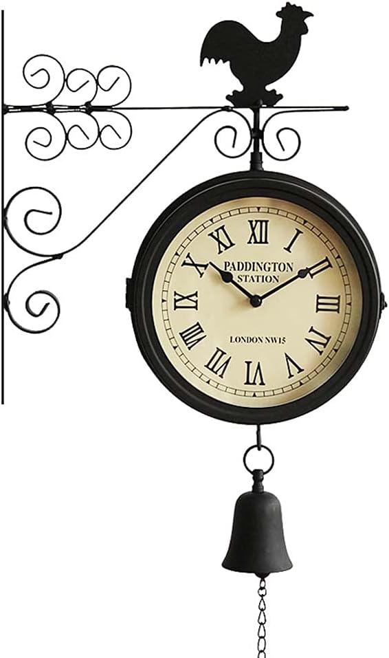 Double Side Wall Clock Retro Paddington Station Wall Mounted Garden 360° Rotating Rooster Clock