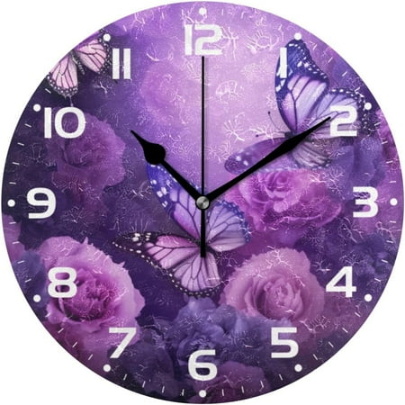 Dreamtimes Purple Butterfly Wall Clock, Silent Non Ticking Battery Operated Creative Decorative Round Clock for Kitchen, Living Room, Bathroom, Home School Office, 10 Inch