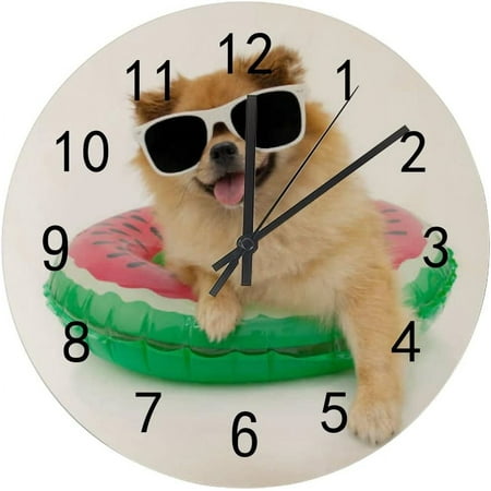 Dreamtimes Silent Wooden Round Wall Clock, 12 Inch Pomeranian Dog Inside of an Watermelon Inflatable Non Ticking Battery Operated Clocks for Home Office Living Room Bedroom