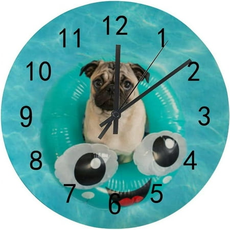 Dreamtimes Silent Wooden Round Wall Clock, 12 Inch Pug Puppy Floating in a Fun Inflatable Ring Non Ticking Battery Operated Clocks for Home Office Living Room Bedroom