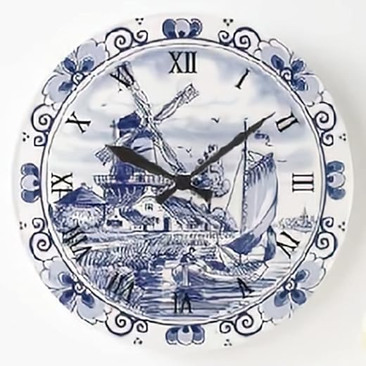 Dutch Windmill Sailboat Wall Clock Delft Blue Large Ink Painting Clock Wall Decor 10 Inch Battery Operated Decorative Wall Clock Silent Round Wood Wall Clock Hanging Clocks for Bedroom Decor