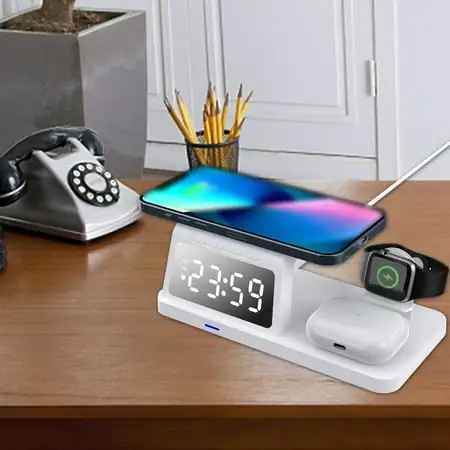 Efficiency with 6-in-1 Wireless Charging Station - Digital Alarm Clock, 15W Fast Charging, and Multiple Device Support, Universal Compatibility, Smart Indicators, and Horizontal/Vertical Charging