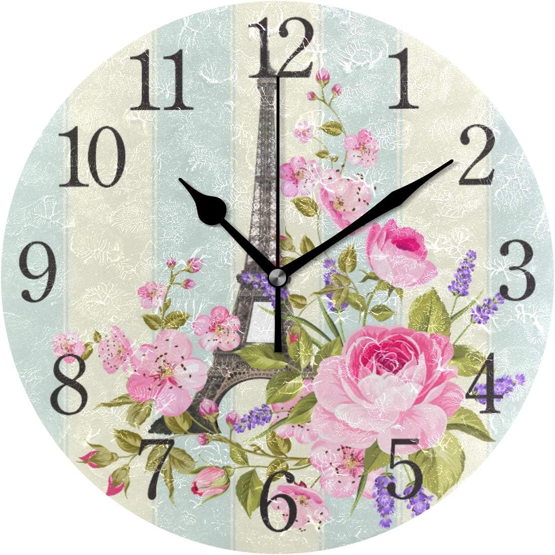 Eiffel Tower Flowers Wall Clock, Paris Floral Round Clock Silent Non Ticking Hanging Clock for Living Room Kitchen Bedroom