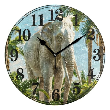 Elephant in Hawaii Palm Tree Silent Wall Clock 10 Non-Ticking Battery Clock