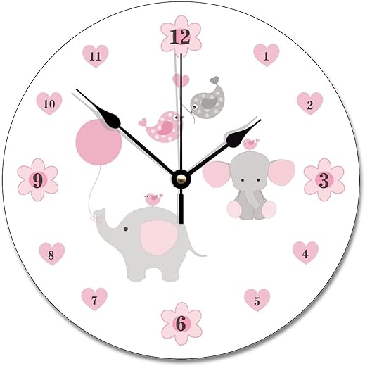 Elephant Pink Grey Gray Wall Clock Baby Girl Nursery Wood Clock 10 Silent Non-Ticking Quartz Battery Operated Clock for Living Room Kitchen Bedroom Farmhouse Home Decor Birthday Wedding Gift