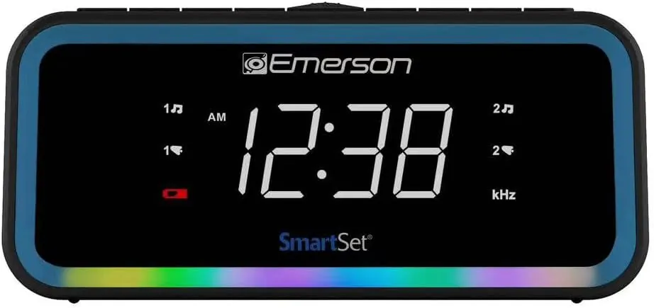 Emerson CKS1401 Smartset AM/FM Dual Alarm Clock Radio with 0.9” White LED Display with 4-Level Dimmer Control, USB-C Charging, and 2-Level Multi-Color LED Decor