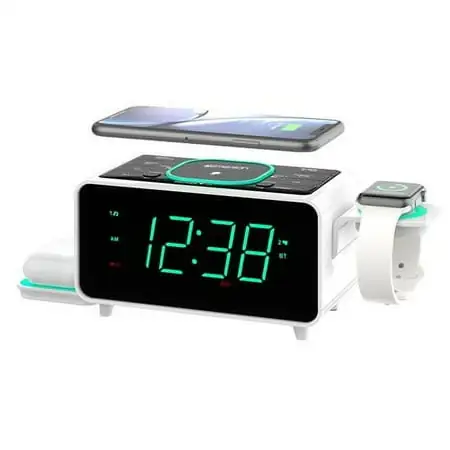 Emerson SmartSet Multiple Wireless Charging, Dual Alarm Clock Radio, Bluetooth Speaker, USB Charger, Cyan Night LED and 1.4” Display, ER100501