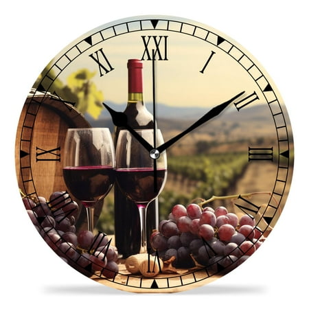 erolrail Rustic Wall Clock,Silent Non Ticking Wall Clocks for Living Room,Bedroom,Kitchen 12IN Red Wine Bottle Glass Grape Design