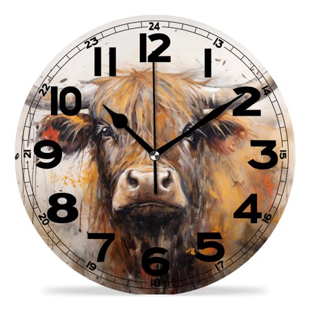 erolrail Rustic Wall Clock,Silent Non Ticking Wall Clocks for Living Room,Bedroom,Kitchen 12IN Watercolor Highland Cow Beautiful