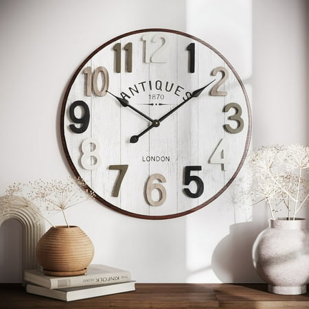 Evelina White Shiplap Round Metal Wall Clock