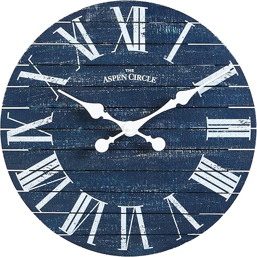 Evie Wall Clock, Rustic Navy Blue 18 Inch Round Solid Wood Roman Numeral Nautical Decor for Living Room, Kitchen