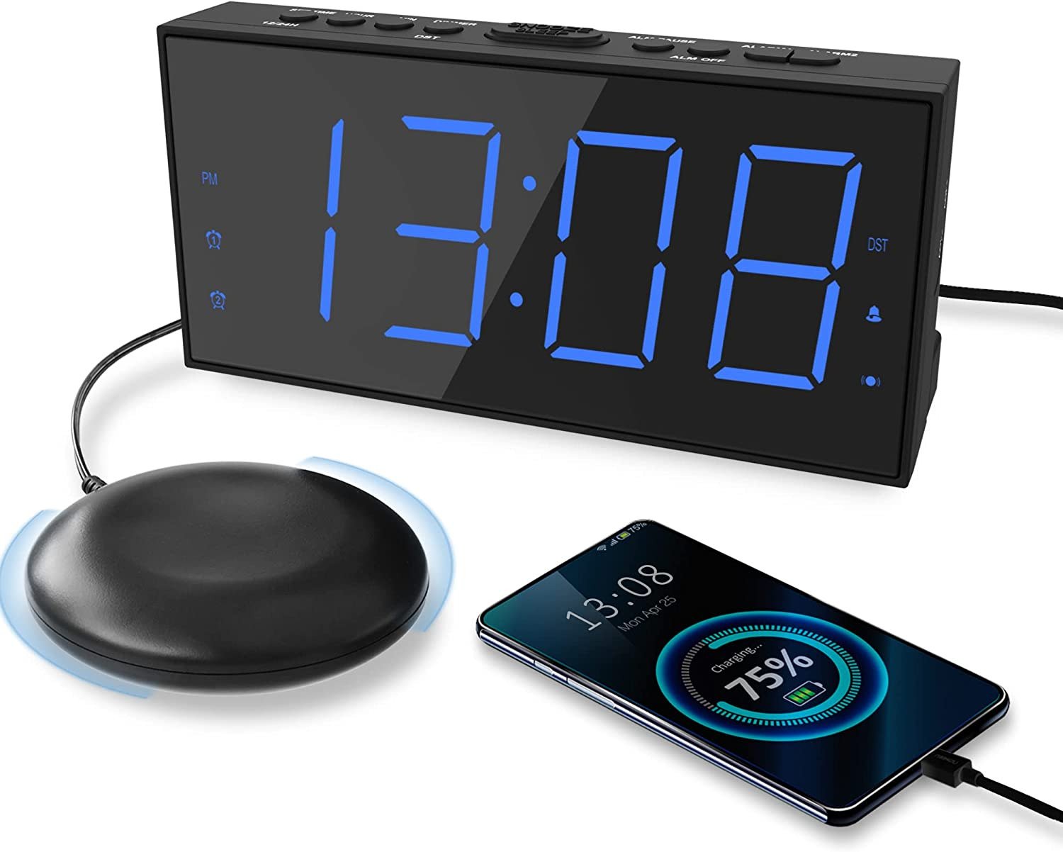 Extra Loud Digital Dual Alarm Clock with Bed Shaker,Vibrating for Heavy Sleepers