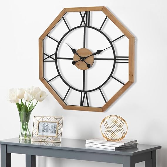 Farmhouse Octagon Wall Clock, Battery Operated Rustic Wooden Clock with Roman Numbers, Silent Non-Ticking Clock Decor for Living Room, Bedroom, Kitchen, 23.75 Inch (Octagonal)