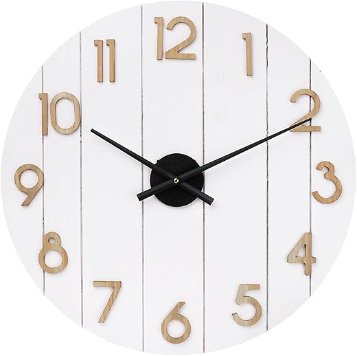 Farmhouse Wall Clock - 24 in Large Wall Clocks for Living Room Decor - White Shabby Chic Country Rustic Decorative Shiplap Wood Wall Clock with Natural 3D Numbers - Silent Battery Operated