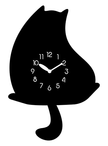 FGnano Adorabal Cartoon-Style Cat-Shaped Pendulum Wall Clock, Black, MDF, 13.4x9.2x1.8, with White Colored Gift Box