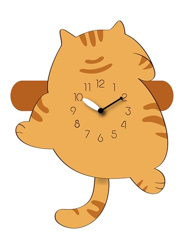 FGnano Adorable Cartoon-Style Cat-Shaped Pendulum Wall Clock, Mixed Brown, MDF, 12.4x9.6x1.8, with White Colored Gift Box