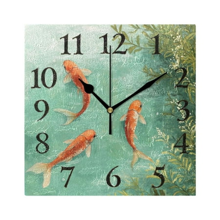 Fishes in River Leaves Square Wall Clock Battery Operated Easily Read Black Pointer Home Decor for Living Room Bedroom 7.78 x 7.78